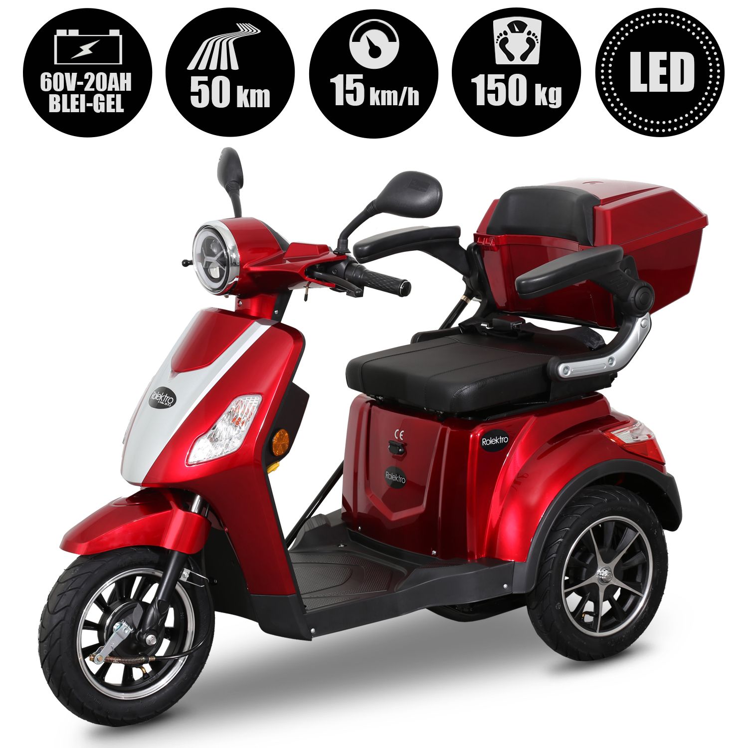 E-Trike 15 V.2 Blei-Gel, Rot, 15 km/h