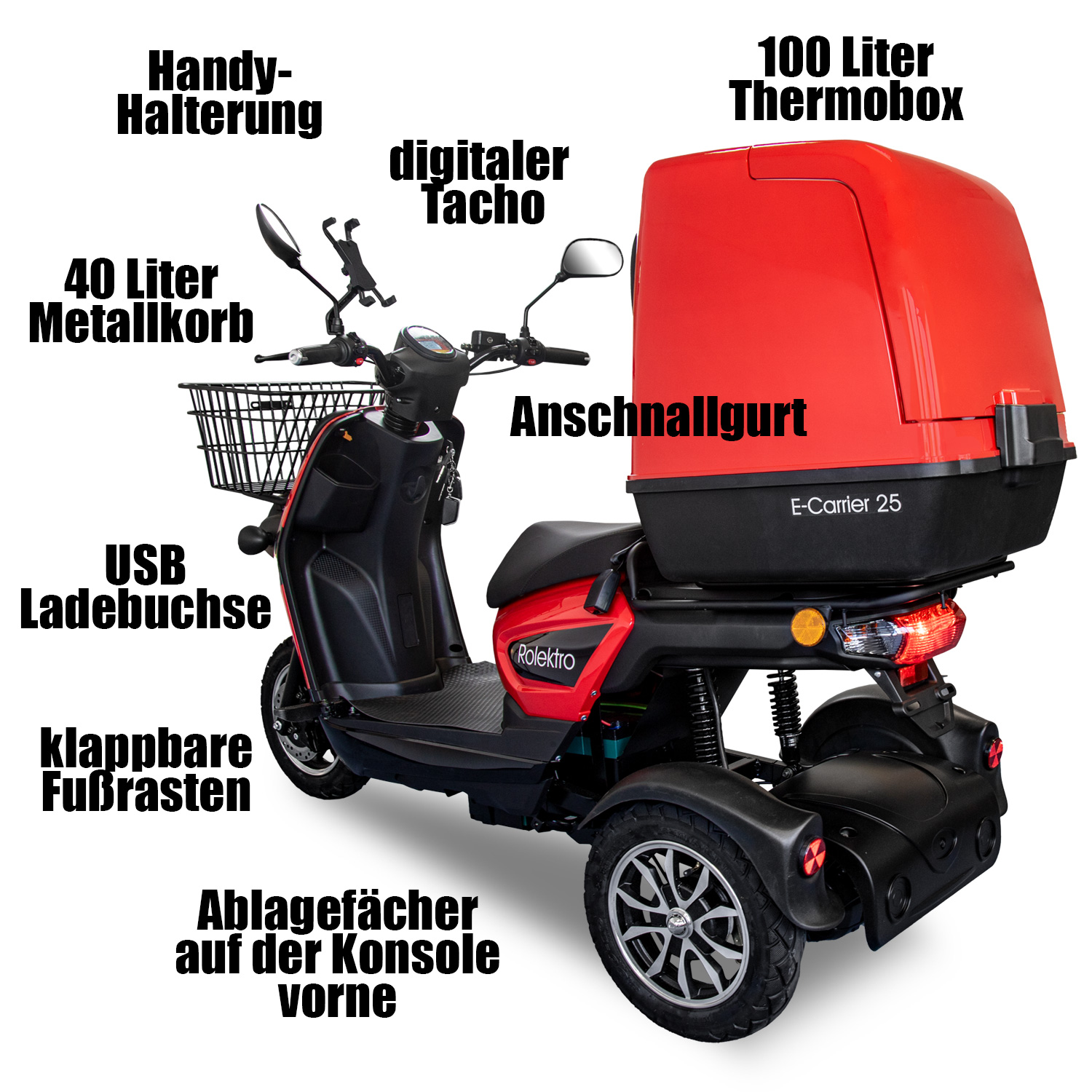 E-Carrier 25 V.2 Blei-Gel, Rot, mit XXL-Koffer, 25 km/h